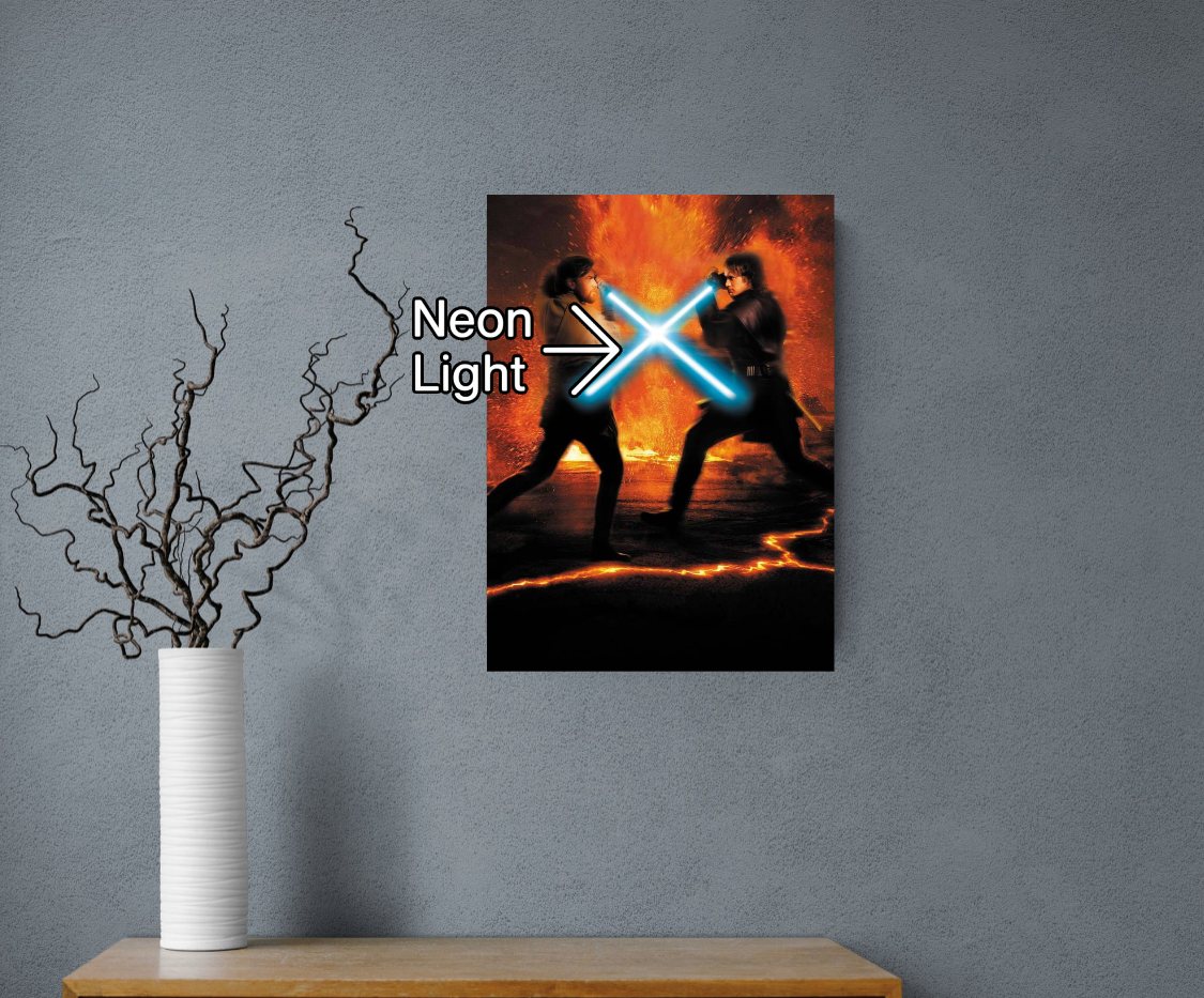 Anakin Vs Obi-Wan at Mustafar Wall Art (Blue NEON Light)